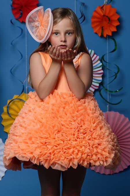Casa Ninos_Orange Cotton, Organza Fringe Embellished Yoke Ruffled Dress _Online_at_Aza_Fashions