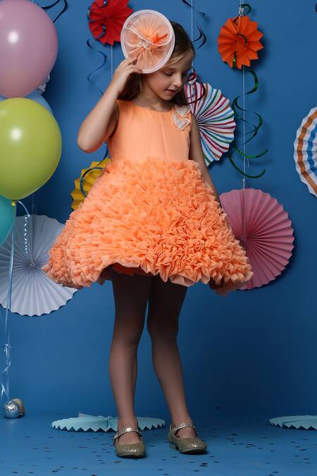 Buy_Casa Ninos_Orange Cotton, Organza Fringe Embellished Yoke Ruffled Dress _Online_at_Aza_Fashions