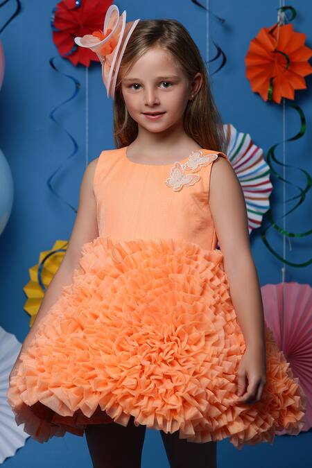 Shop_Casa Ninos_Orange Cotton, Organza Fringe Embellished Yoke Ruffled Dress _Online_at_Aza_Fashions