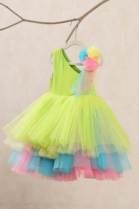 Casa Ninos_Multi Color Silk, Cotton, Net Ruffles Layered Asymmetric Neck Dress _Online_at_Aza_Fashions