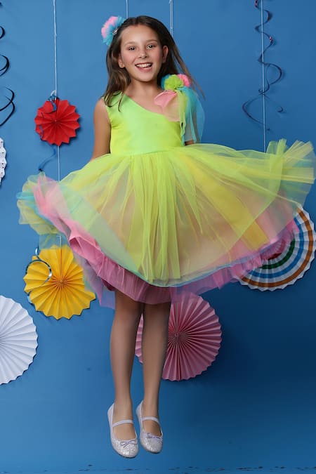 Shop_Casa Ninos_Multi Color Silk, Cotton, Net Ruffles Layered Asymmetric Neck Dress _Online_at_Aza_Fashions