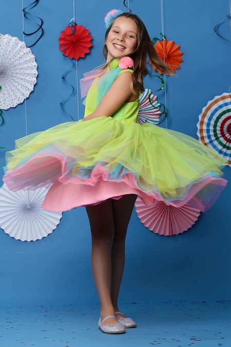 Casa Ninos_Multi Color Silk, Cotton, Net Ruffles Layered Asymmetric Neck Dress _at_Aza_Fashions