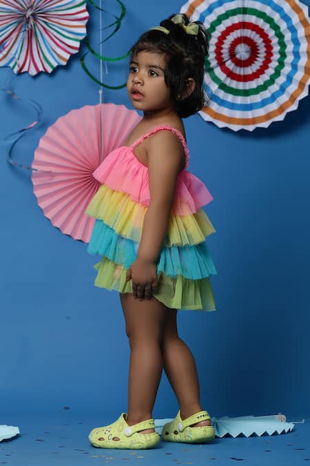 Casa Ninos_Multi Color Silk, Cotton, Net Layered Ruffle Dress_Online_at_Aza_Fashions