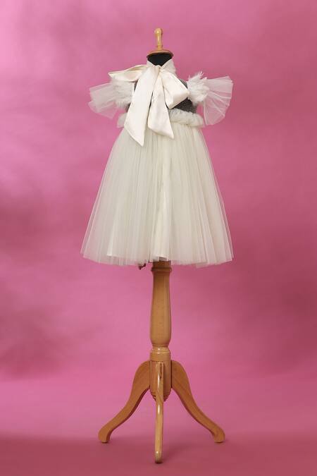 Casa Ninos_Off White Net, Satin Feathers Embellished Dress _Online_at_Aza_Fashions