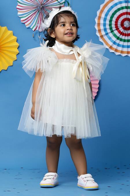 Buy_Casa Ninos_Off White Net, Satin Feathers Embellished Dress _Online_at_Aza_Fashions