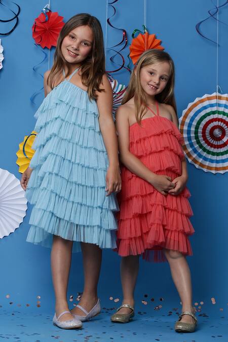 Casa Ninos_Peach Silk, Cotton, Net Halter Neck Layered Ruffle Dress _Online_at_Aza_Fashions