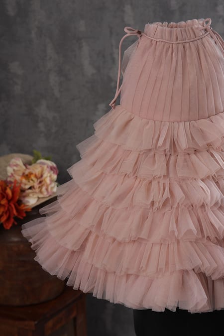 Casa Ninos_Pink Net, Crepe Layered Ruffled Dress _Online_at_Aza_Fashions