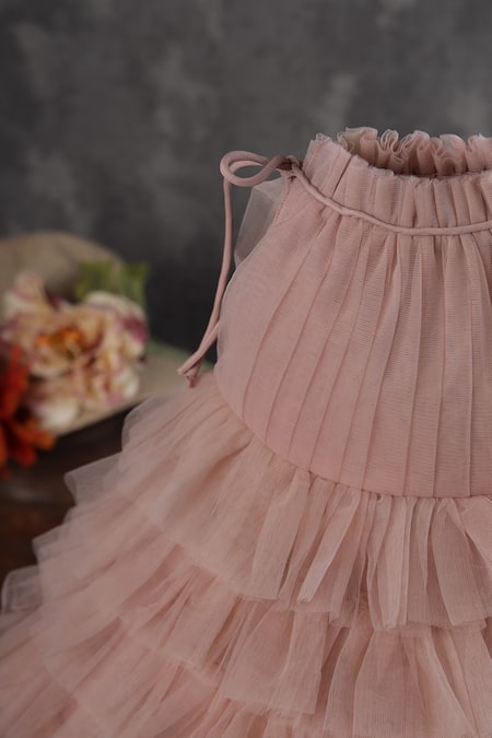 Buy_Casa Ninos_Pink Net, Crepe Layered Ruffled Dress _Online_at_Aza_Fashions