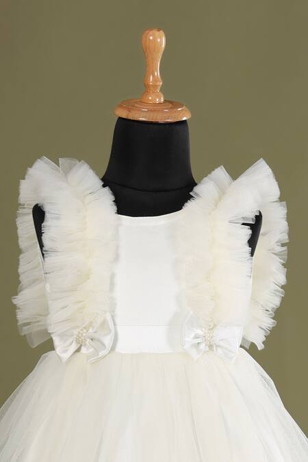 Casa Ninos_Off White Net, Crepe, Satin Bows Ruffle Yoke Flared Dress _Online_at_Aza_Fashions