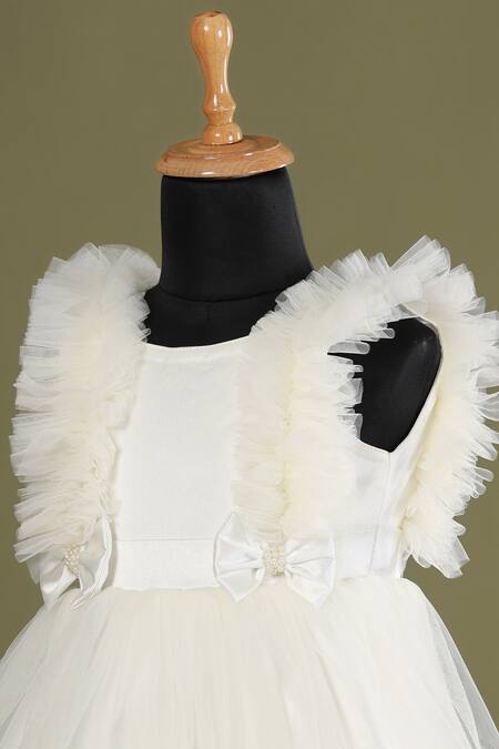 Buy_Casa Ninos_Off White Net, Crepe, Satin Bows Ruffle Yoke Flared Dress _Online_at_Aza_Fashions