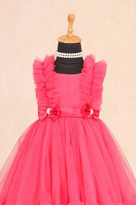 Casa Ninos_Pink Cotton, Net, Satin Bows Ruffle Yoke Tiered Dress _Online_at_Aza_Fashions
