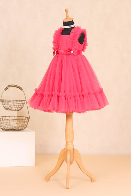 Buy_Casa Ninos_Pink Cotton, Net, Satin Bows Ruffle Yoke Tiered Dress _Online_at_Aza_Fashions