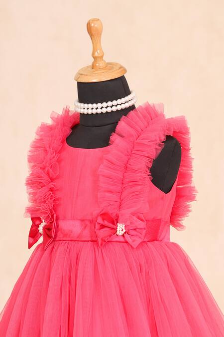 Shop_Casa Ninos_Pink Cotton, Net, Satin Bows Ruffle Yoke Tiered Dress _Online_at_Aza_Fashions