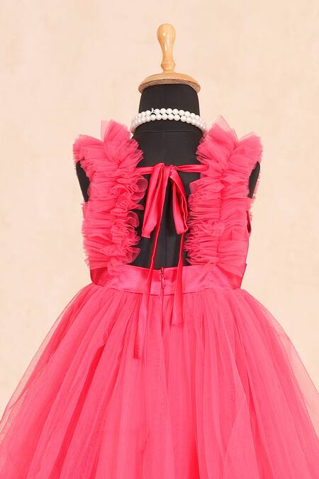 Casa Ninos_Pink Cotton, Net, Satin Bows Ruffle Yoke Tiered Dress _at_Aza_Fashions