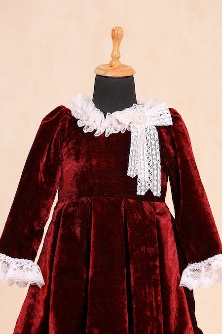 Casa Ninos_Red Velvet Lace Box Pleated Dress _Online_at_Aza_Fashions