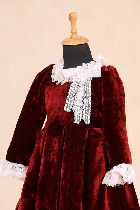 Buy_Casa Ninos_Red Velvet Lace Box Pleated Dress _Online_at_Aza_Fashions