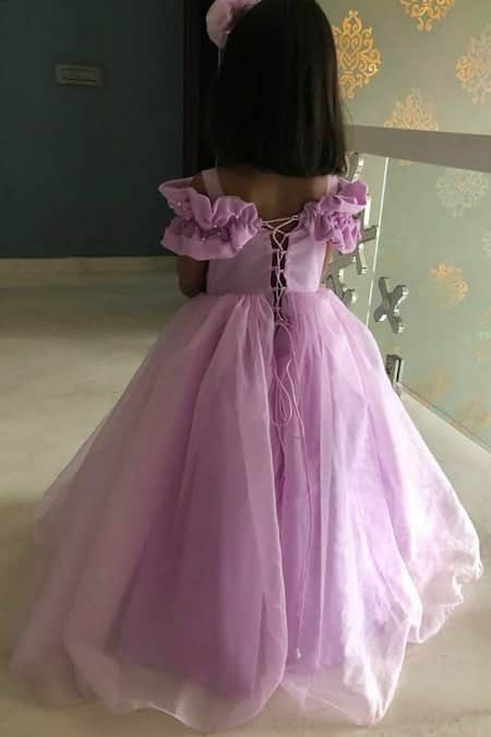Shop Casa Ninos Purple Cotton, Organza Pearls Embellished Yoke Gown at Aza Fashions Shop_Casa Ninos_Purple Cotton, Organza Pearls Embellished Yoke Gown _at_Aza_Fashions