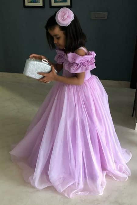 Casa Ninos Purple Cotton, Organza Pearls Embellished Yoke Gown Online at Aza Fashions Casa Ninos_Purple Cotton, Organza Pearls Embellished Yoke Gown _Online_at_Aza_Fashions