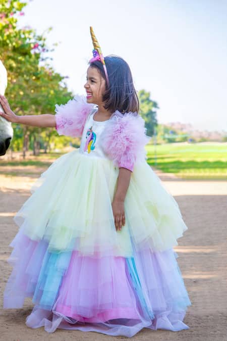 Shop Casa Ninos Multi Color Cotton, Net, Satin Applique Unicorn Work Yoke Gown at Aza Fashions Shop_Casa Ninos_Multi Color Cotton, Net, Satin Applique Unicorn Work Yoke Gown _at_Aza_Fashions