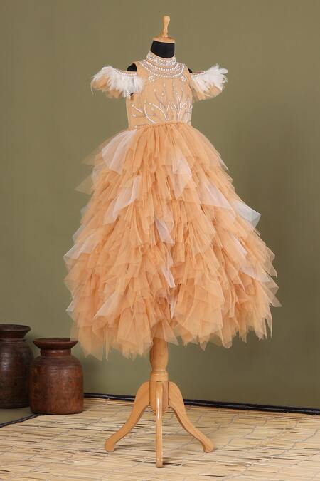 Casa Ninos_Yellow Net, Satin Beads, Feathers Embroidered Yoke Ruffled Gown _Online_at_Aza_Fashions
