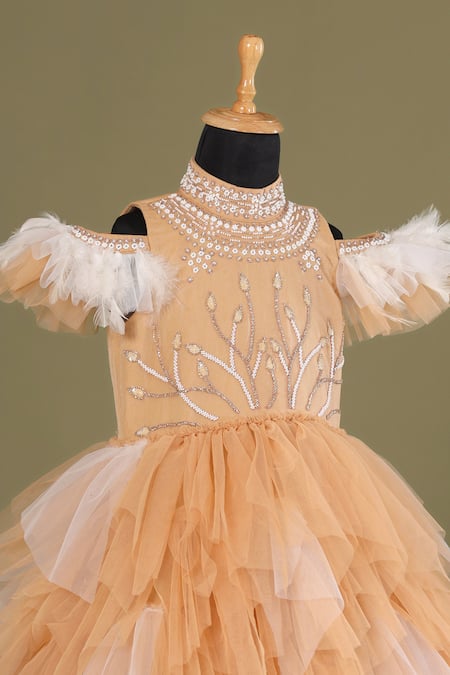 Buy_Casa Ninos_Yellow Net, Satin Beads, Feathers Embroidered Yoke Ruffled Gown _Online_at_Aza_Fashions