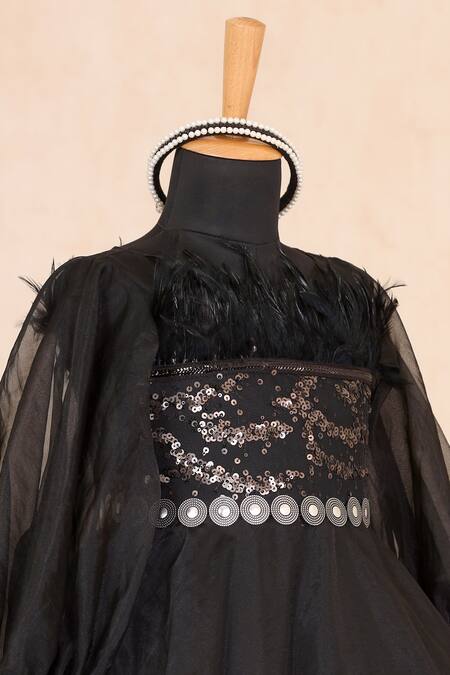 Casa Ninos_Black Cotton, Net, Satin Sequins, Feathers Embroidered Yoke Gown _Online_at_Aza_Fashions