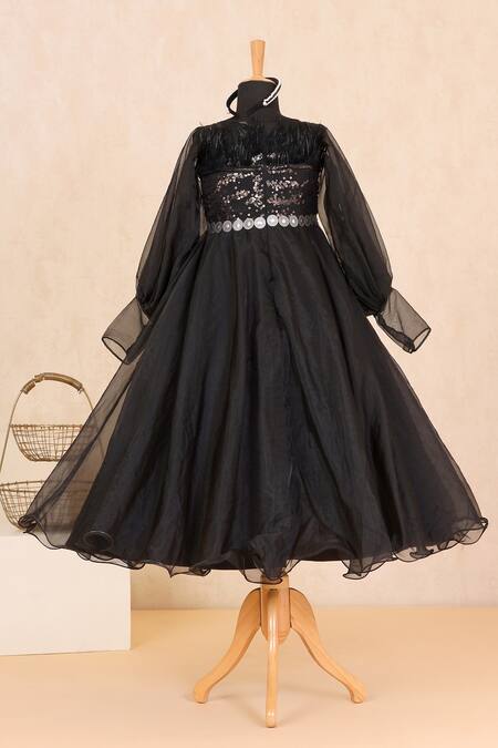 Buy_Casa Ninos_Black Cotton, Net, Satin Sequins, Feathers Embroidered Yoke Gown _Online_at_Aza_Fashions