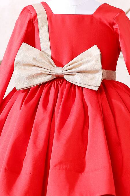 Casa Ninos_Red Cotton, Net Bows Embellished Flared Dress _Online_at_Aza_Fashions