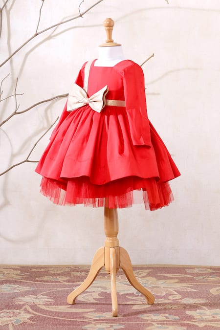 Buy_Casa Ninos_Red Cotton, Net Bows Embellished Flared Dress _Online_at_Aza_Fashions
