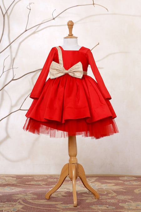 Shop_Casa Ninos_Red Cotton, Net Bows Embellished Flared Dress _Online_at_Aza_Fashions