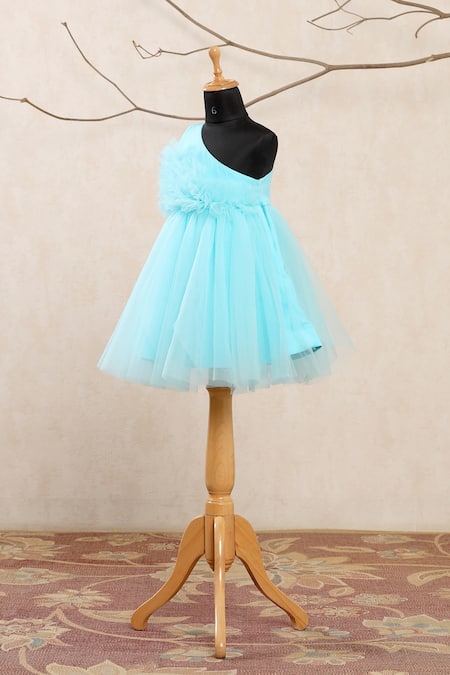 Casa Ninos Blue Net, Satin One Shoulder Ruffled Yoke Dress Online at Aza Fashions Casa Ninos_Blue Net, Satin One Shoulder Ruffled Yoke Dress _Online_at_Aza_Fashions