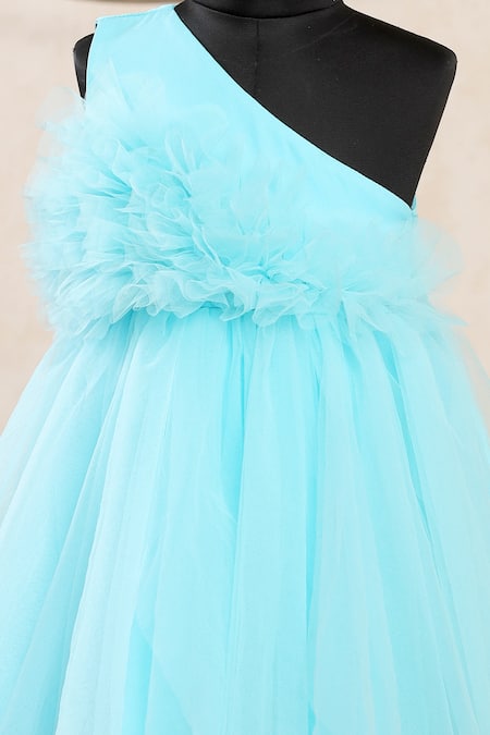 Buy_Casa Ninos_Blue Net, Satin One Shoulder Ruffled Yoke Dress _Online_at_Aza_Fashions