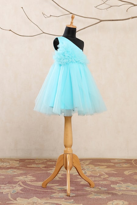 Shop_Casa Ninos_Blue Net, Satin One Shoulder Ruffled Yoke Dress _Online_at_Aza_Fashions