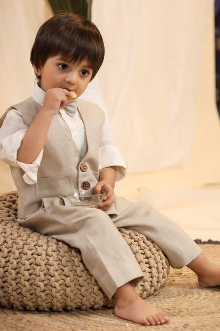 Casa Ninos_Beige Linen Jacket Trouser Set _Online_at_Aza_Fashions