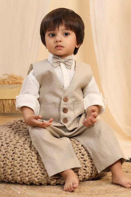 Buy_Casa Ninos_Beige Linen Jacket Trouser Set _Online_at_Aza_Fashions