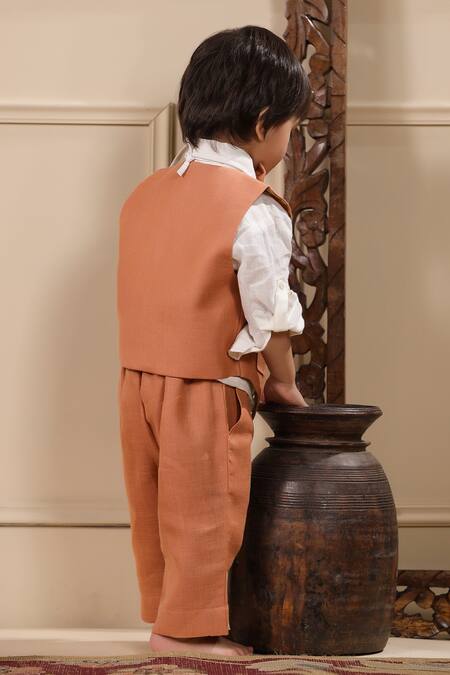 Shop_Casa Ninos_Orange Linen Solid Jacket Trouser Set _at_Aza_Fashions