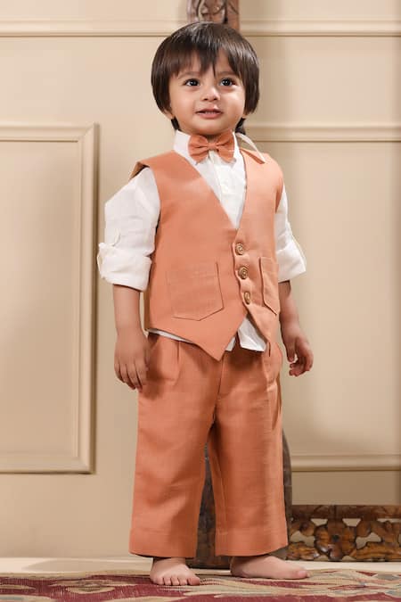 Casa Ninos_Orange Linen Solid Jacket Trouser Set _Online_at_Aza_Fashions