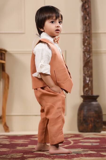 Buy_Casa Ninos_Orange Linen Solid Jacket Trouser Set _Online_at_Aza_Fashions