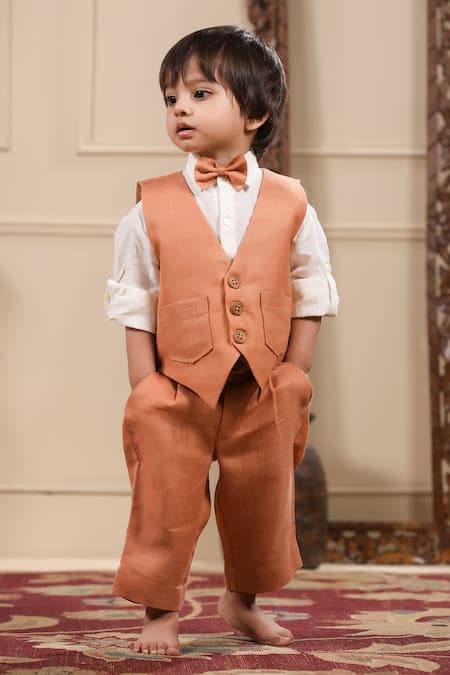 Shop_Casa Ninos_Orange Linen Solid Jacket Trouser Set _Online_at_Aza_Fashions