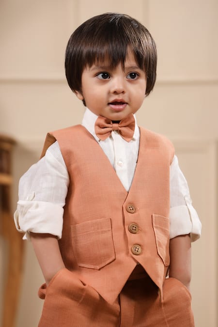 Casa Ninos_Orange Linen Solid Jacket Trouser Set _at_Aza_Fashions