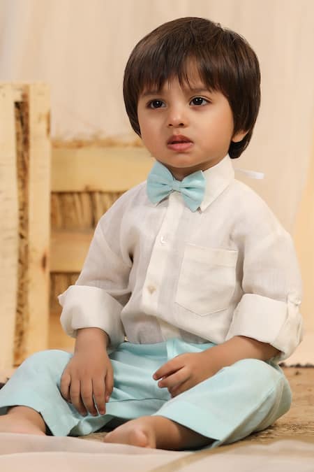 Buy_Casa Ninos_Green Linen Shirt And Trouser Set _Online_at_Aza_Fashions