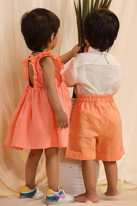Casa Ninos_Orange Linen Solid Shirt And Shorts Set _Online_at_Aza_Fashions