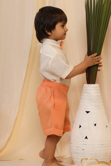 Shop_Casa Ninos_Orange Linen Solid Shirt And Shorts Set _Online_at_Aza_Fashions