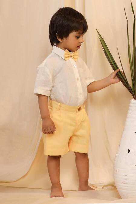 Buy_Casa Ninos_Yellow Linen Solid Shirt And Shorts Set _Online_at_Aza_Fashions