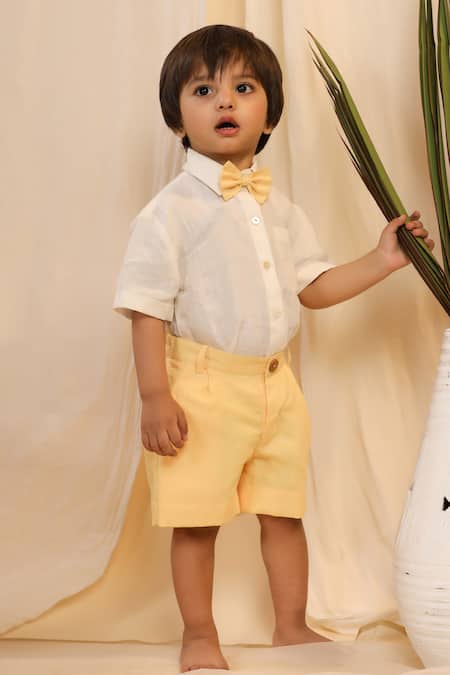 Casa Ninos_Yellow Linen Solid Shirt And Shorts Set _at_Aza_Fashions