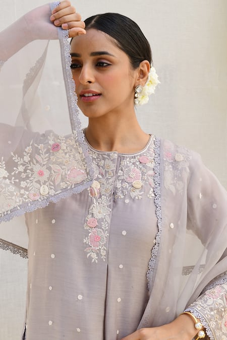Label Niti Bothra Grey Silk, Chanderi, Organza Sequins, Pearls, Banaras Floral Kurta Pant Set Online at Aza Fashions Label Niti Bothra_Grey Silk, Chanderi, Organza Sequins, Pearls, Banaras Floral Kurta Pant Set _Online_at_Aza_Fashions