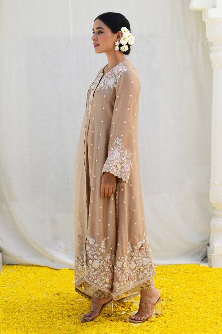 Label Niti Bothra Ivory Silk, Organza Sequins, Pearls, Embroidery, Banaras Kurta Pant Set Online at Aza Fashions Label Niti Bothra_Ivory Silk, Organza Sequins, Pearls, Embroidery, Banaras Kurta Pant Set _Online_at_Aza_Fashions