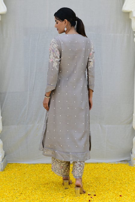 Shop_Label Niti Bothra_Grey Silk Sequins, Pearls Round Neck Banaras Embroidered Kurta And Palazzo Set _at_Aza_Fashions