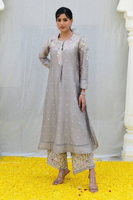 Label Niti Bothra_Grey Silk Sequins, Pearls Round Neck Banaras Embroidered Kurta And Palazzo Set _Online_at_Aza_Fashions