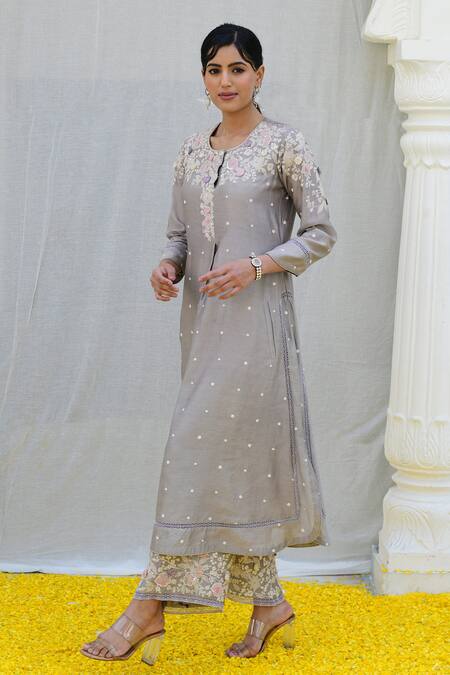 Buy_Label Niti Bothra_Grey Silk Sequins, Pearls Round Neck Banaras Embroidered Kurta And Palazzo Set _Online_at_Aza_Fashions